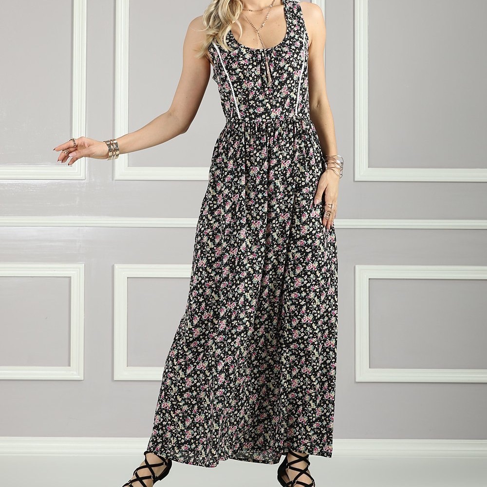 Suzanne Betro Floral Lace Back Maxi Dress